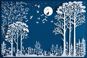 Paper Silhouette Moonlit Forest (Dark Blue and White)