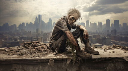 Zombie on street of abandoned town, apocalypse - obrazy, fototapety, plakaty