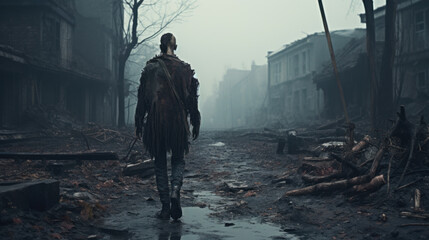 Zombie on street of abandoned town, end of mankind concept - obrazy, fototapety, plakaty