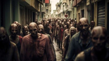 Crowd of rotten zombies lurking on streets of destroyed city, apocalypse concept - obrazy, fototapety, plakaty