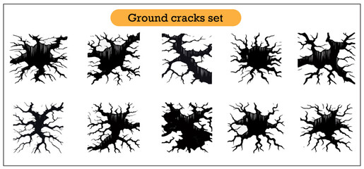 Ground crack group. Earthquakes, ground cracks, and impact craters. Collection of crack in the ground, cracks from disaster or drought, 3D top view. Vector illustration of a zero background