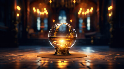 Magic ball on table, yellow glow