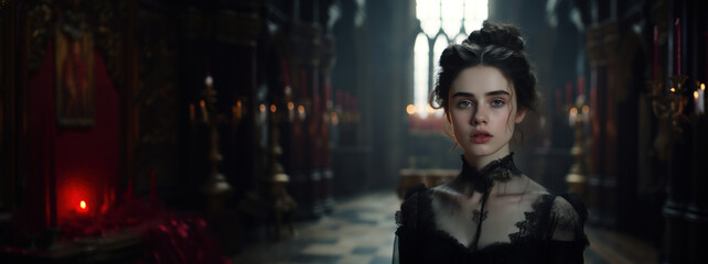 Young beautiful female vampire in spooky castle