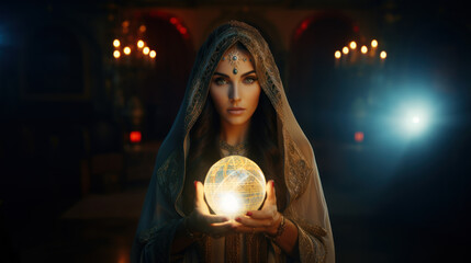 Naklejka premium Young fortune teller with her magic ball