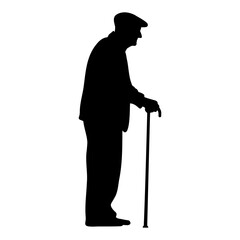 Standing Elderly man with cane silhouette. Vector illustration