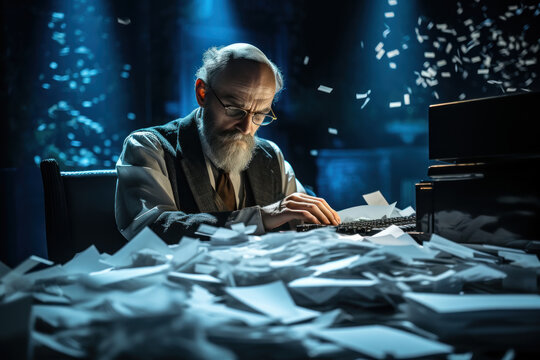A playwright crafting a script that challenges norms and provokes thought, pushing the boundaries of theatrical expression. Concept of avant-garde theater. Generative Ai.