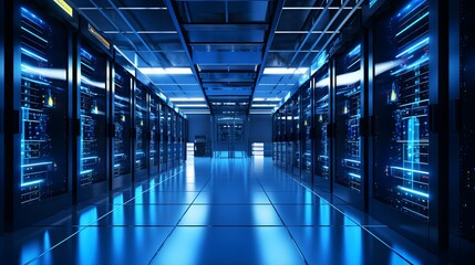Server room data center with rows of server racks