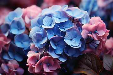 light blue and pink hydrangea, floral background, top view. inflorescences, a lot of garden flowers. - obrazy, fototapety, plakaty
