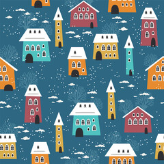 Christmas seamless pattern with winter houses, trees and other elements. Can be used for fabric, wrapping paper, scrapbooking, textile, poster, banner and other Christmas design.