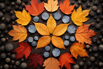 A symmetrical arrangement of autumn leaves on a forest floor, showcasing the seasonal beauty of nature's transformative cycles. Concept of autumnal symmetry. Generative Ai.