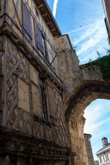 Views of old houses and streets of medieval town St. Emilion, production of red Bordeaux wine on cru class vineyards in Saint-Emilion wine making region, France, Bordeaux