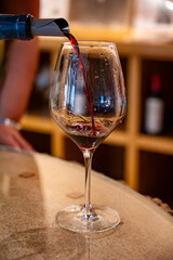 Tasting of red dry Saint-Emilion wine aged in French oak wooden barrels in cellar, Saint-Emilion...