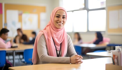 Fototapeta na wymiar Muslim teacher in a classroom
