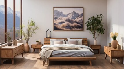 a bright bedroom with mountain views
