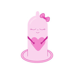 Condom pink characters with heart in their hands Vector. Theme of health, care, safety contraceptive