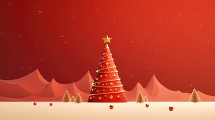 Christmas red background with decorated fir tree and gifts.