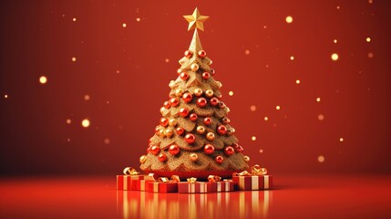 Christmas red background with decorated fir tree and gifts.