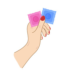 Fototapeta premium Two condom package in hand Vector. Theme of health, care, safety, contraceptive.