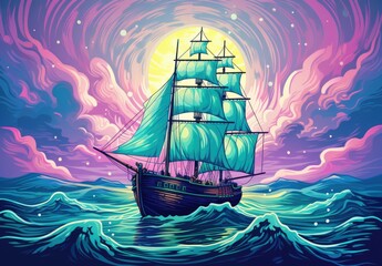 A rough and heavy sea during a thunderstorm. A large ocean wave with white foam in the light of a full moon. Sailing vessel. Digital art in watercolor style. Illustration for cover, interior design.
