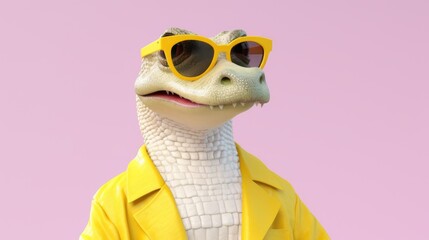 Anthropomorphic stylish alligator in suit. Illustration of a serious and elegant crocodile. Portrait man with an animal face. Human characters through animals. Creative idea with a psychedelic twist.