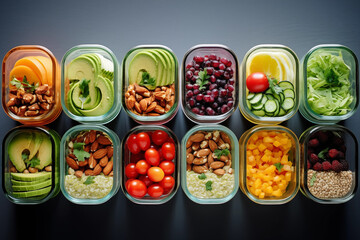 Close-ups of nutritious and balanced lunchboxes or meal preps for school or work, promoting healthy eating habits, creativity with copy space