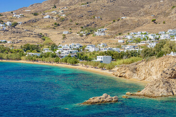 Panoramic view of Livadi village and Livadakia Beach, Serifos island GR - obrazy, fototapety, plakaty