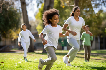 Obraz premium Creative scenes of families engaging in outdoor fitness activities or sports, promoting physical health and bonding, creativity with copy space