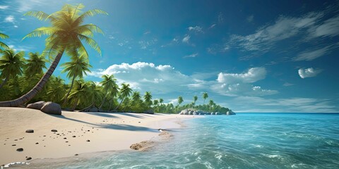 beach with clear sea water, white sand and palm trees