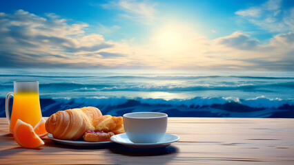 Breakfast on the seashore with a view of the sea wave, on the table there is a white cup, a plate with pastries, a glass of orange juice and orange slices - Powered by Adobe