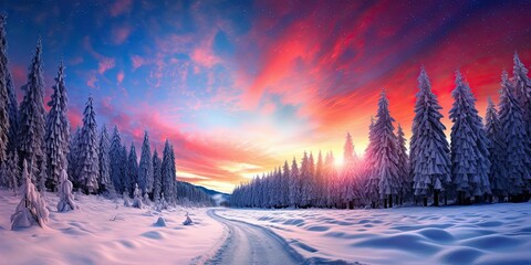Road leading towards colorful sunrise with snow covered trees