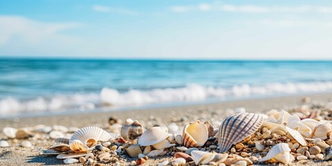 Sea shells and rocks on the beach - obrazy, fototapety, plakaty