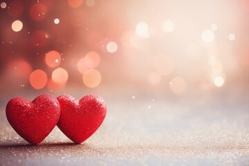 Obraz premium Two red hearts on wooden table and bokeh background. Valentines day card