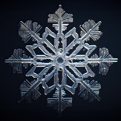 Сlose-up of a stunningly intricate snowflake with a complex, symmetrical structure featuring delicate filigree patterns that radiate from a central star-shaped core, set against a dark background 