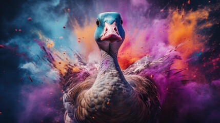 goose in colorful powder paint explosion, dynamic