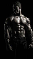 A muscular male athlete stands confidently, his body's detailed musculature highlighted in a dramatic monochrome setting, exuding raw power and focus.