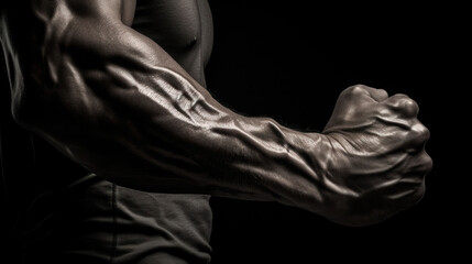  A close-up of a flexed arm reveals the intricate details of an athlete's muscle fibers, demonstrating the peak physical condition and strength in a dark, moody setting.