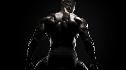Fototapeta na wymiar A strong athletic figure is captured from behind, the contours of his muscles sharply defined against a dark environment, portraying power and focus.
