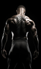 Fototapeta na wymiar Muscular male figure viewed from behind, showcasing the detailed anatomy and strength of a well-trained physique in a dark setting.