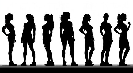 Silhouettes of diverse female figures standing in a line, representing various body types and postures against a white background. Unity in diversity, showcasing feminine strength and individuality. - obrazy, fototapety, plakaty