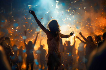 Christmas event party, dancing young woman and blurred dancing people in background. Selective focus.