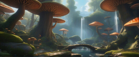 a mystical forest with towering ancient trees, glowing mushrooms, and a sparkling waterfall, rendered in stunning 3D realism, transporting you to a fantasy world filled with magic and wonder