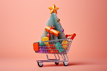carro de la compra en miniatura conteniendo paquetes regalo y árbol de navidad con una estrella dorada sobre fondo rosa - obrazy, fototapety, plakaty