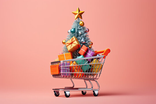 carro de la compra en miniatura conteniendo paquetes regalo y árbol de navidad con una estrella dorada sobre fondo rosa