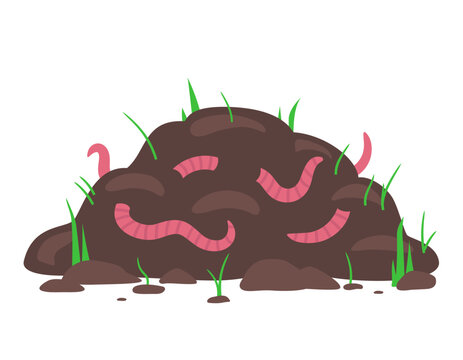 Compost pile with earthworms. Soil with humus. Vector cartoon clipart isolated on white background.