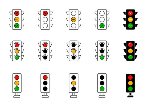 Traffic control light icon set. Stoplight icons. Traffic light red, yellow, green icon collection