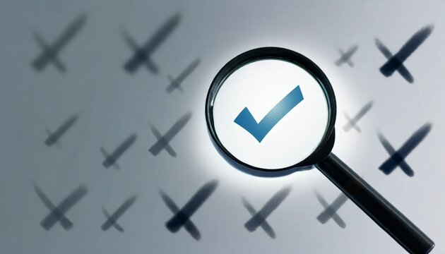 AI generated illustration of a magnifying glass with a check mark on a background with X signs