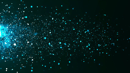 Colorful animation of bright particles flying horizontally. Dynamic particles randomly float in slow motion in space. Shimmering sparkling particles. Real colored particles in the air. 3d