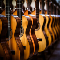 Guitars hanging on rack, in the style of classical composition