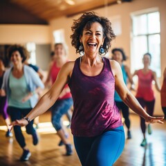 Middle-aged women enjoying a joyful dance class, candidly expressing their active lifestyle through Zumba with friends - Generative AI - obrazy, fototapety, plakaty