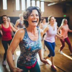 Middle-aged women enjoying a joyful dance class, candidly expressing their active lifestyle through...